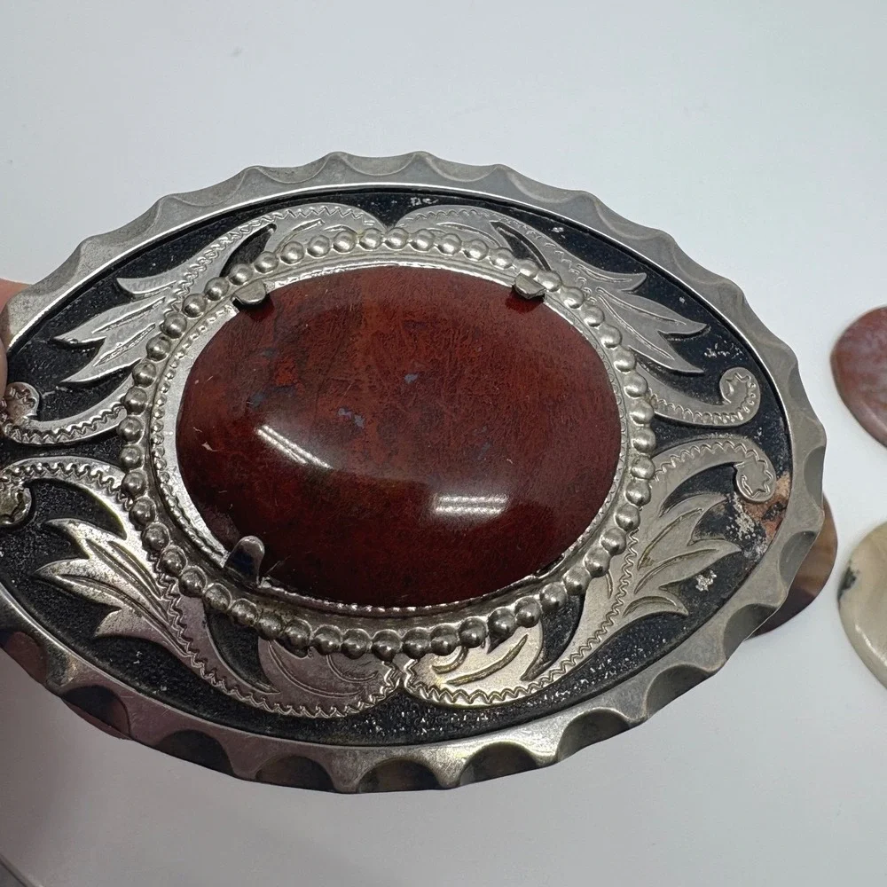Western Interchangeable Stone Belt Buckle Silver Tone Agate‎ Jasper 3.5in